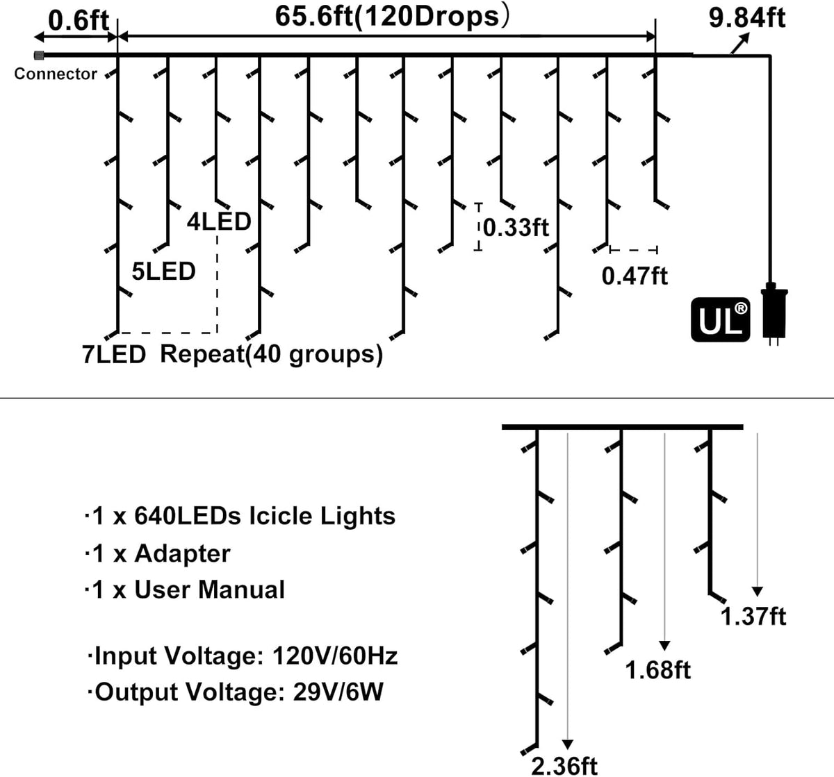 Warm White Christmas Lights Outdoor, 66ft 640 LED Icicle Lights for Outside House with Connectable