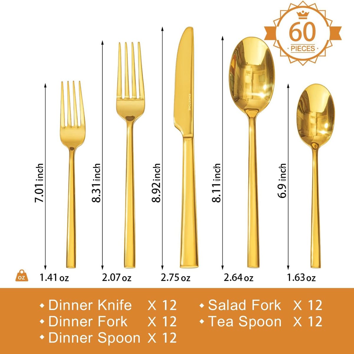 KINGSTONE Gold Silverware Set, 60-Piece Forged Flatware Set Cutlery Set Premium Stainless Steel