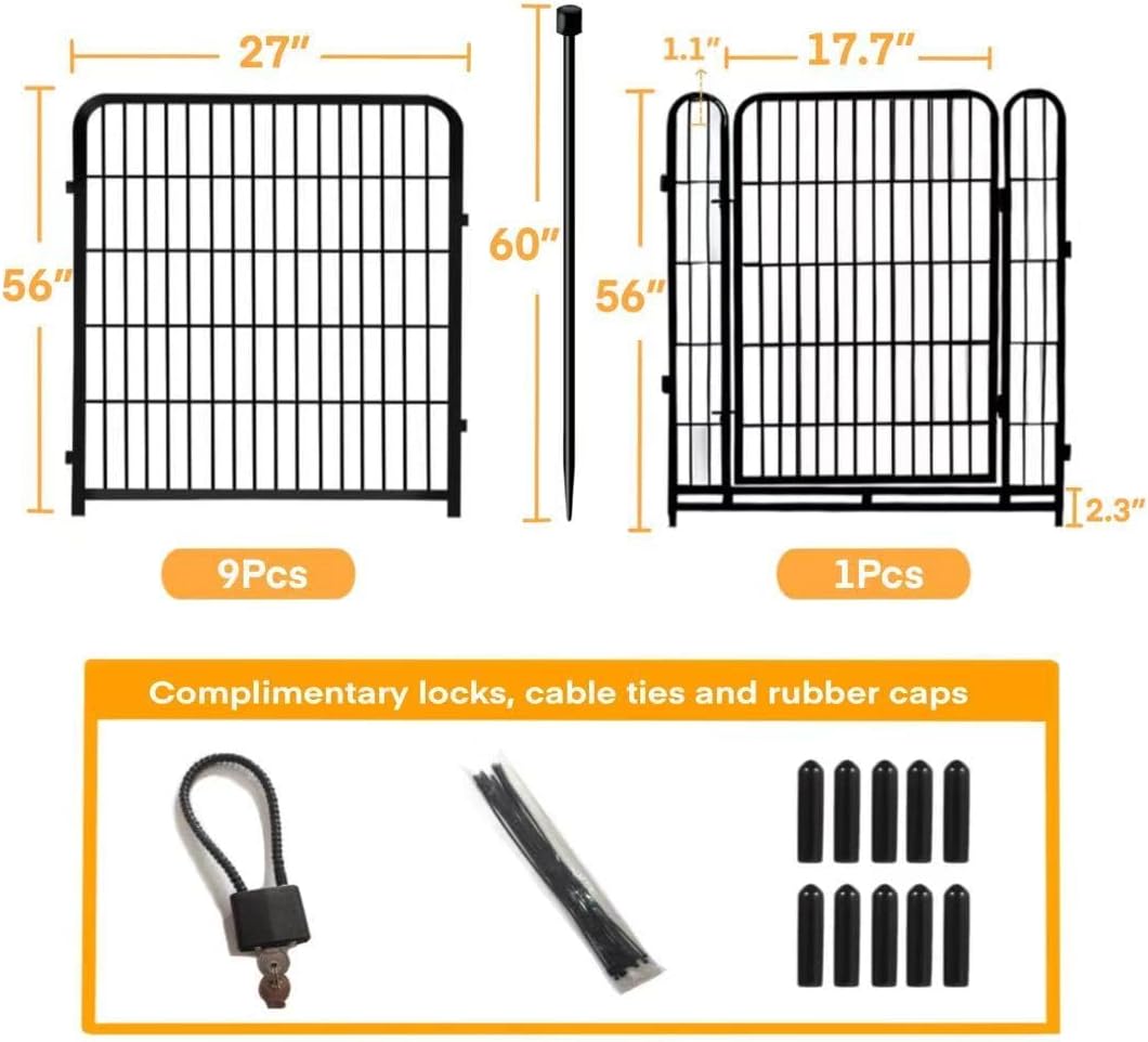 56in(H) Garden Fence, 10 Panels Total 22.1 Ft(L), Garden Fence with Low Threshold Gate, Anti Dig