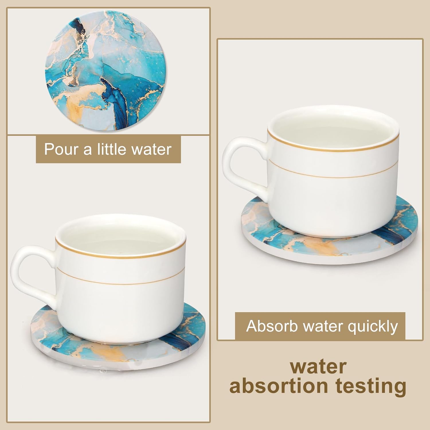 6 Pcs Light Blue Marble Abstract Ceramic Coasters with Holder Best Round Drink Absorbent Coasters