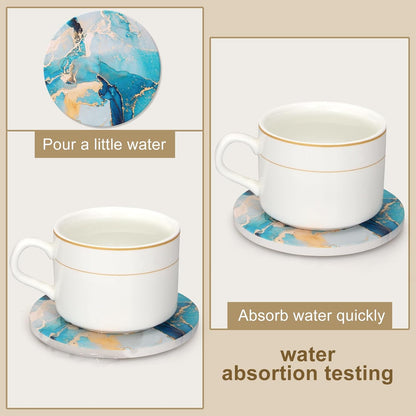 6 Pcs Light Blue Marble Abstract Ceramic Coasters with Holder Best Round Drink Absorbent Coasters