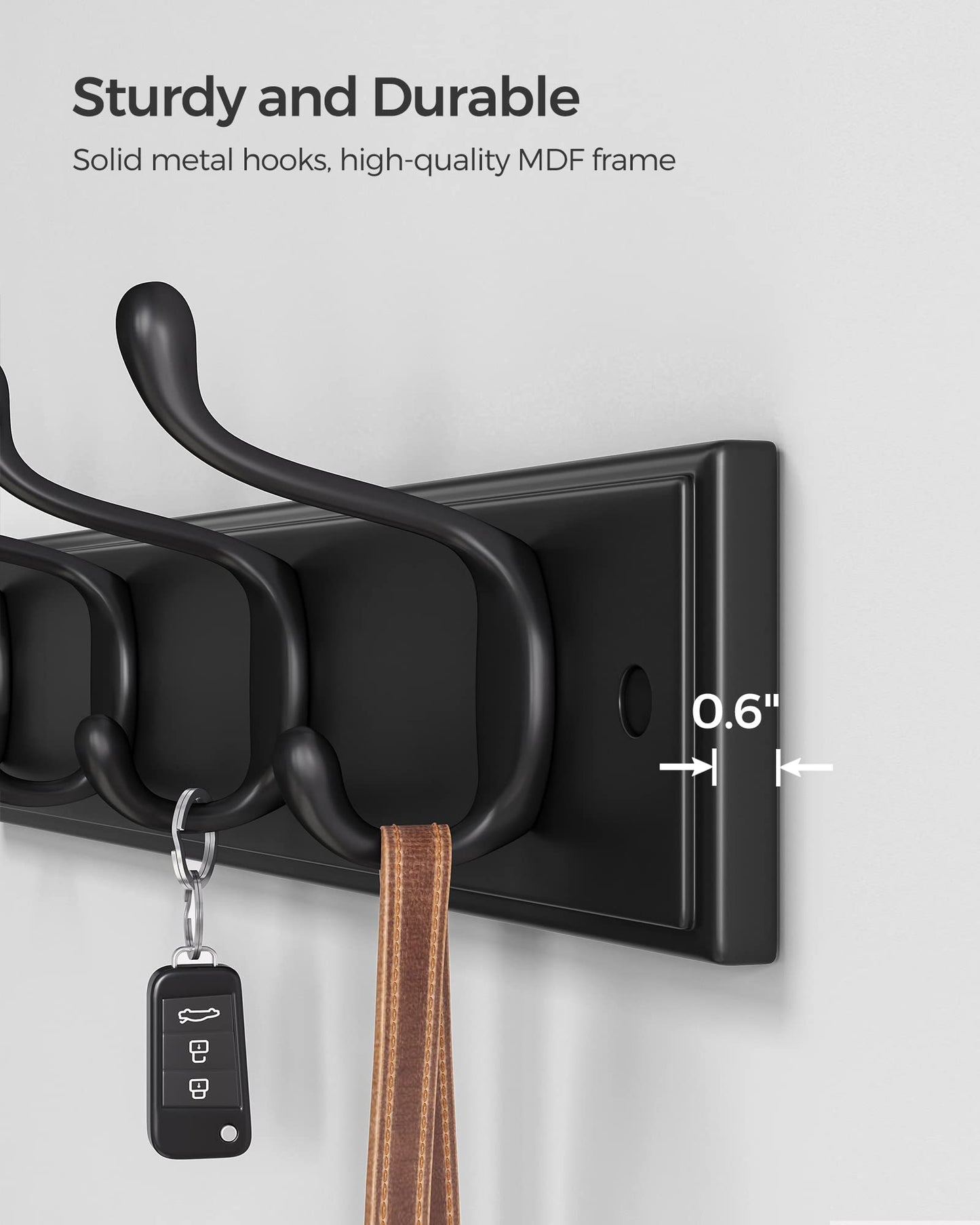 SONGMICS Wall-Mounted Coat Rack, Hook Rack, 4 Dual Metal Hooks, Black