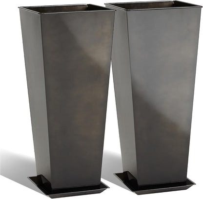 KOL 25''H. Bright Glazed Planter with Drainage Hole, Set of 2, Tall Galvanized Steel Planter Pots
