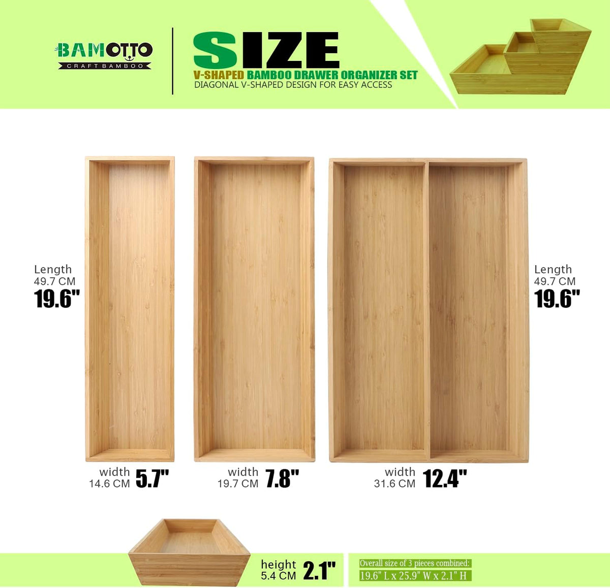 V-Shaped Bamboo Drawer Organizer Set of 3, Kitchen Large and Long Utensil Plate, Flatware &