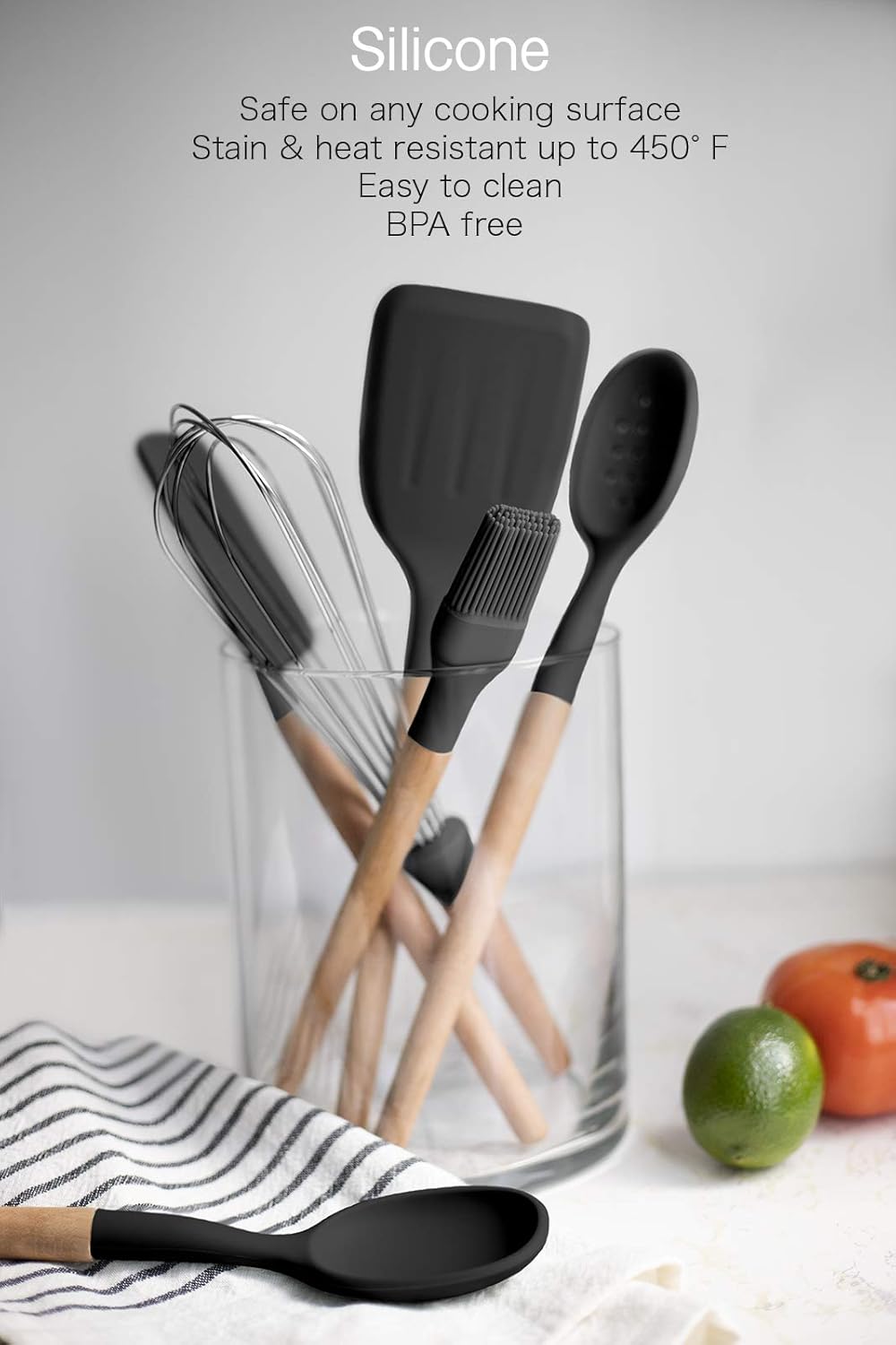 Country Kitchen Non Stick Silicone Utensil Set with Rounded Wood Handles for Cooking and Baking, 6