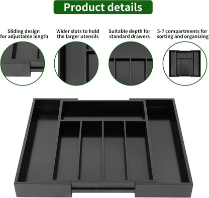 VaeFae Bamboo Drawer Organizer, Expandable Silverware Drawer Organizer, Cutlery Tray with Dividers
