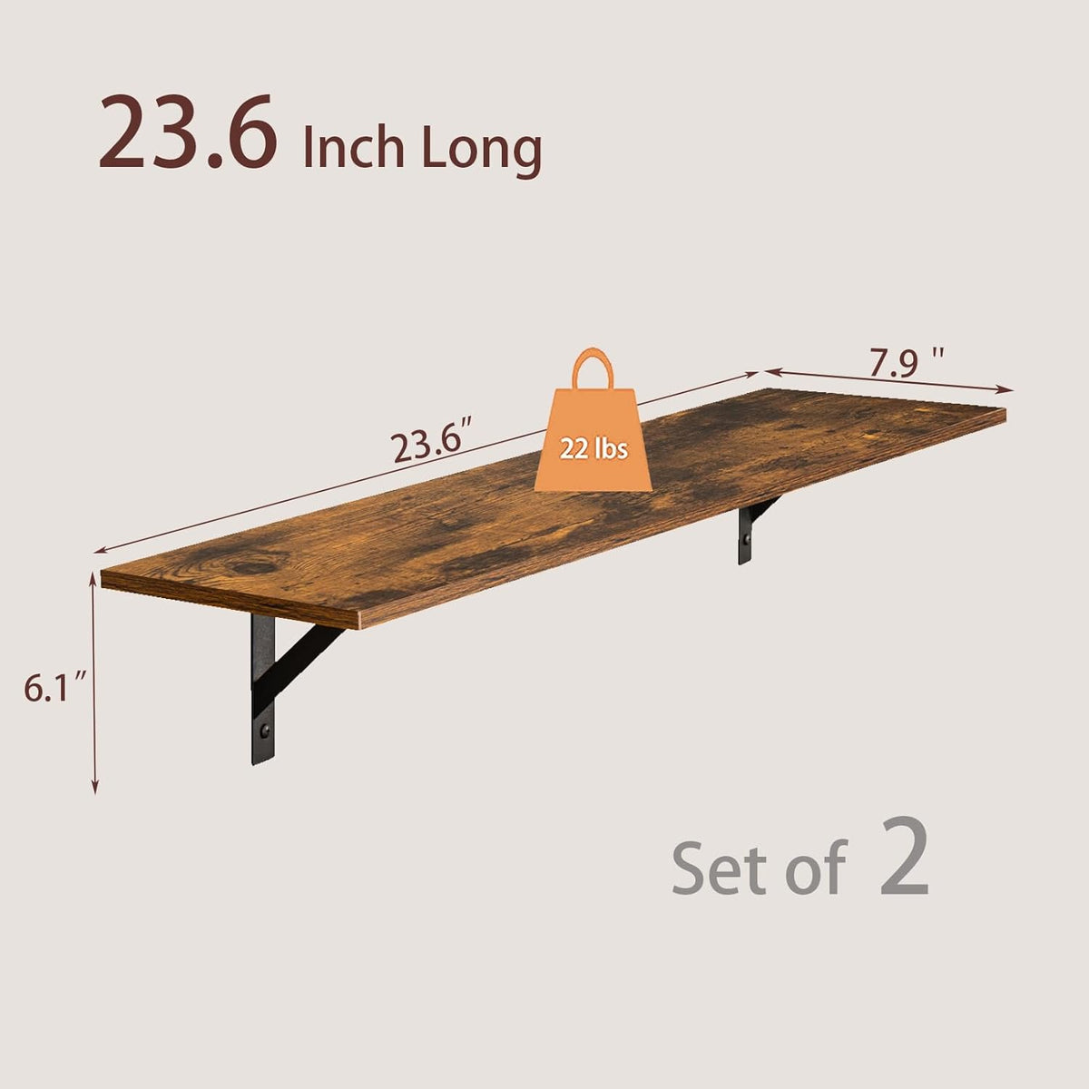 DINZI LVJ Wall Shelves, 23.6 x 7.9 x 6.1 Inch Floating Shelves for Wall, Easy-to-Install Wall