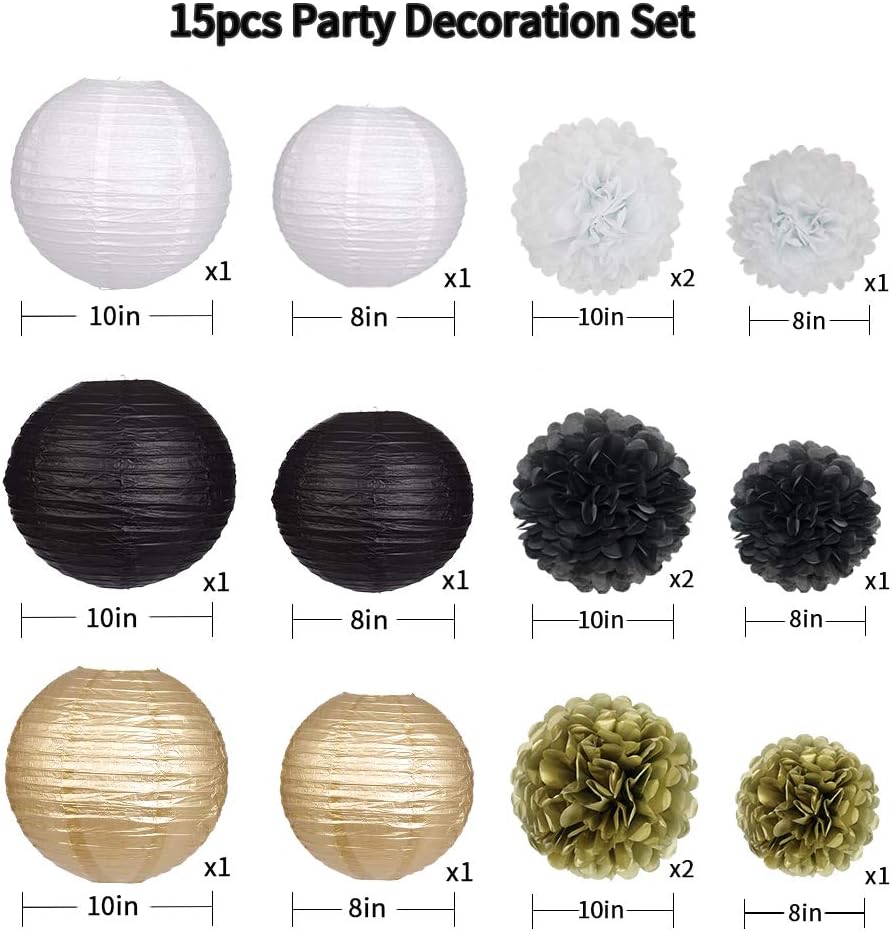 Black Gold Party Decorations, Black Gold Paper Lanterns and Pom Poms Flowers for Birthday Party