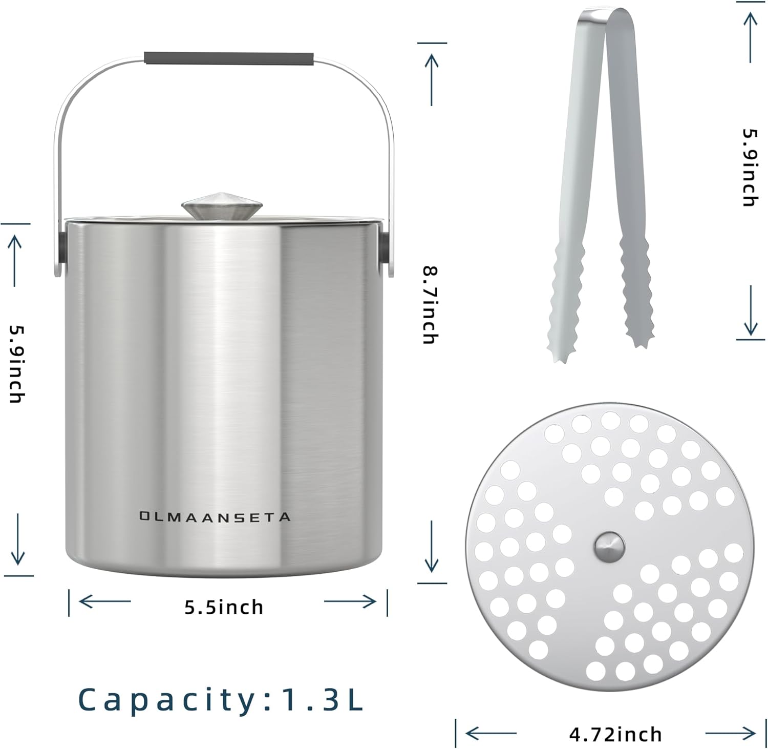 Small Ice Bucket with Lid and Tongs,1.3L Portable Mini Double Walled Ice Cube Bucket for Cocktail