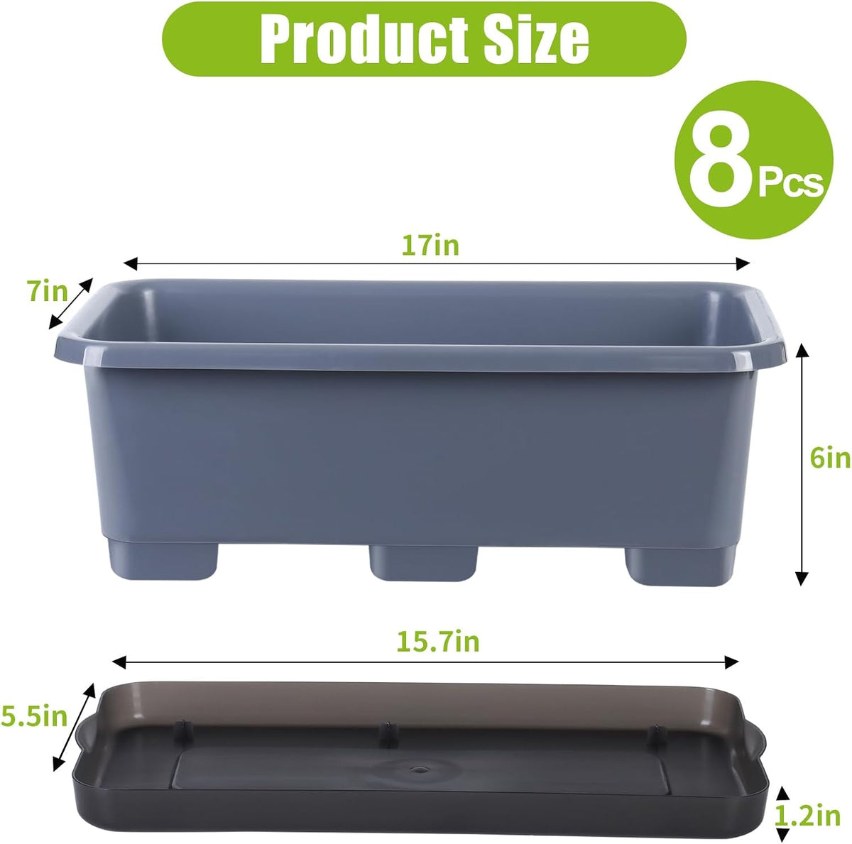 Window Box Planter 8 Pcs, 17 Inches Rectangle Flower Pots with Drainage Holes and Trays, Vegetable