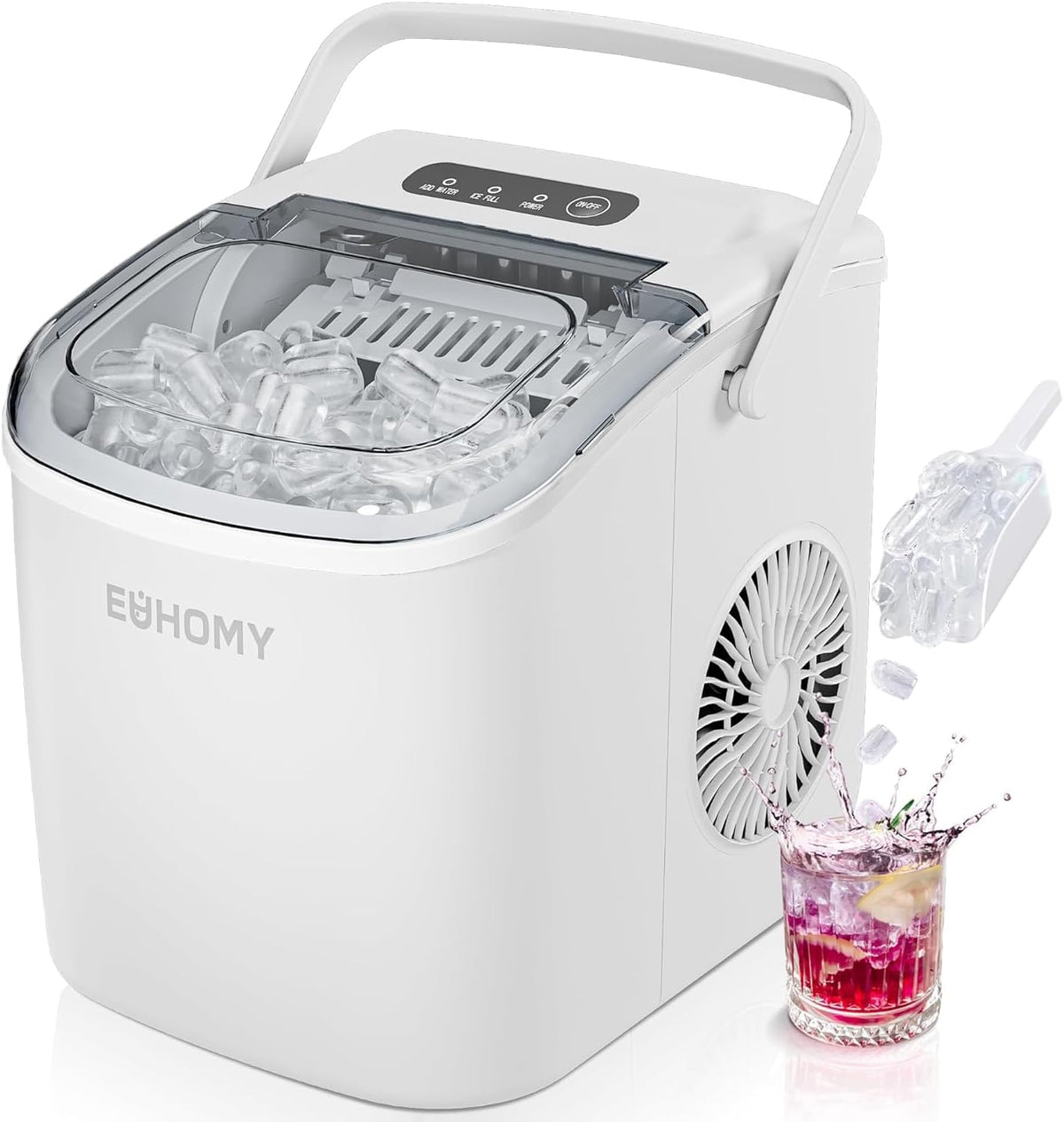 EUHOMY Countertop Ice Maker Machine with Handle, 26lbs Per Day, 9 Ice Cubes Ready in 6 Mins