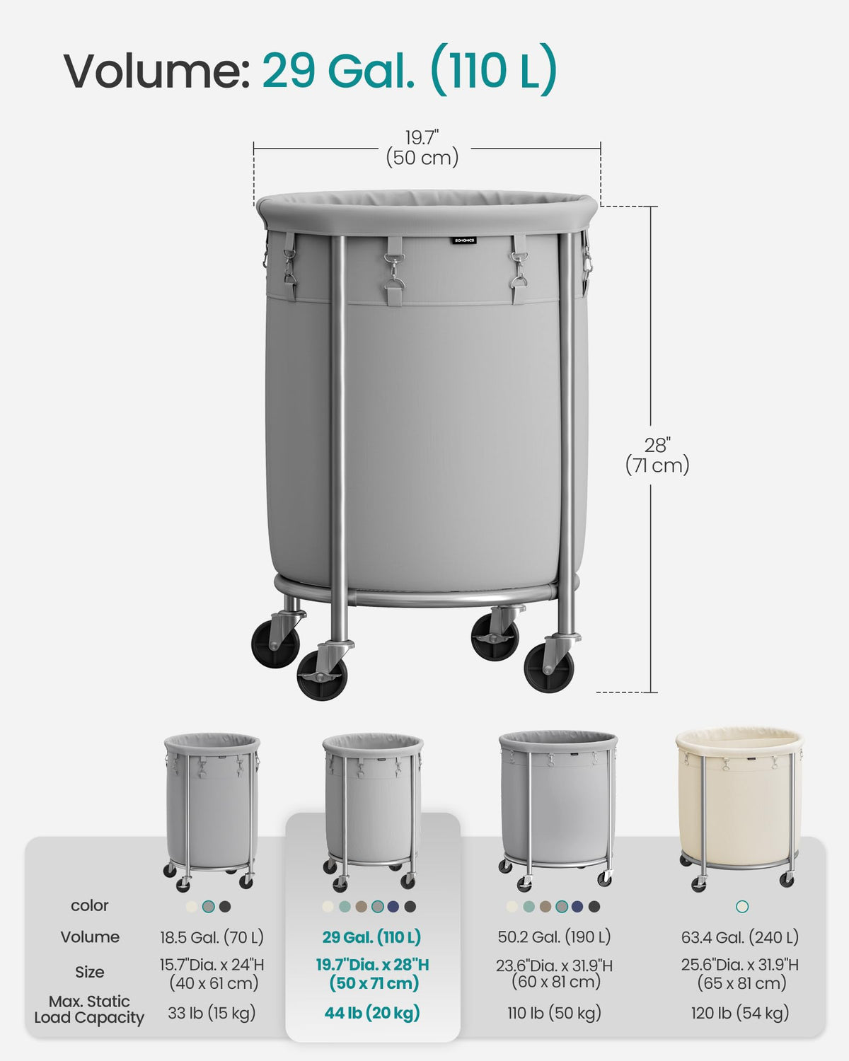 SONGMICS Laundry Basket, Rolling Steel Frame with 2 Locking Wheels, 110 L