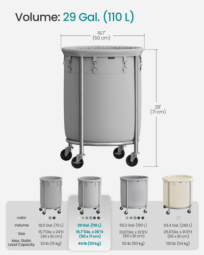 SONGMICS Laundry Basket, Rolling Steel Frame with 2 Locking Wheels, 110 L