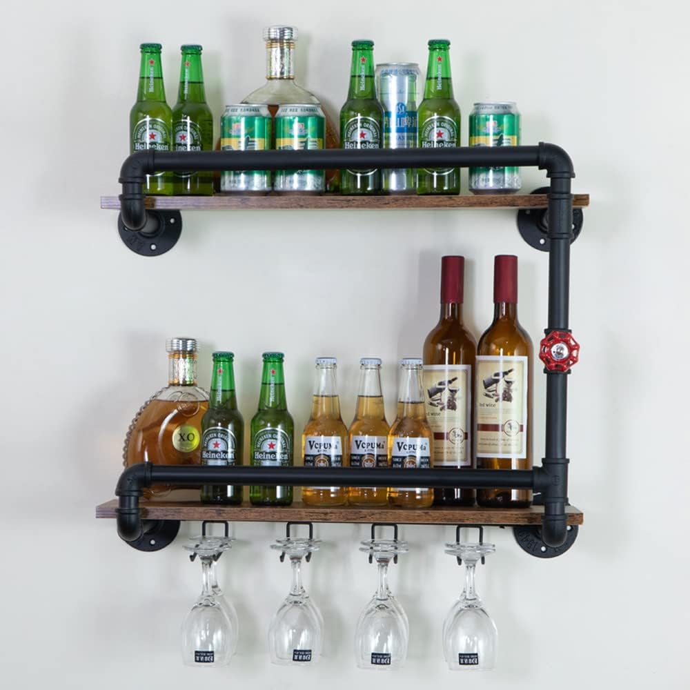 Wine Rack Wall Mounted 2 Tier, Hanging Floating Small Mini Bar Liquor Shelves with Glass Holder