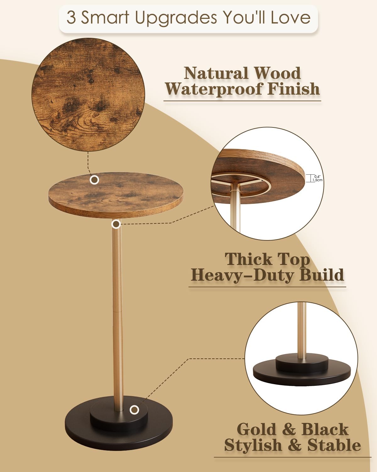 Masupu Drink Table, Round Side Table for Small Spaces, Pedestal Small End Table with Metal Base