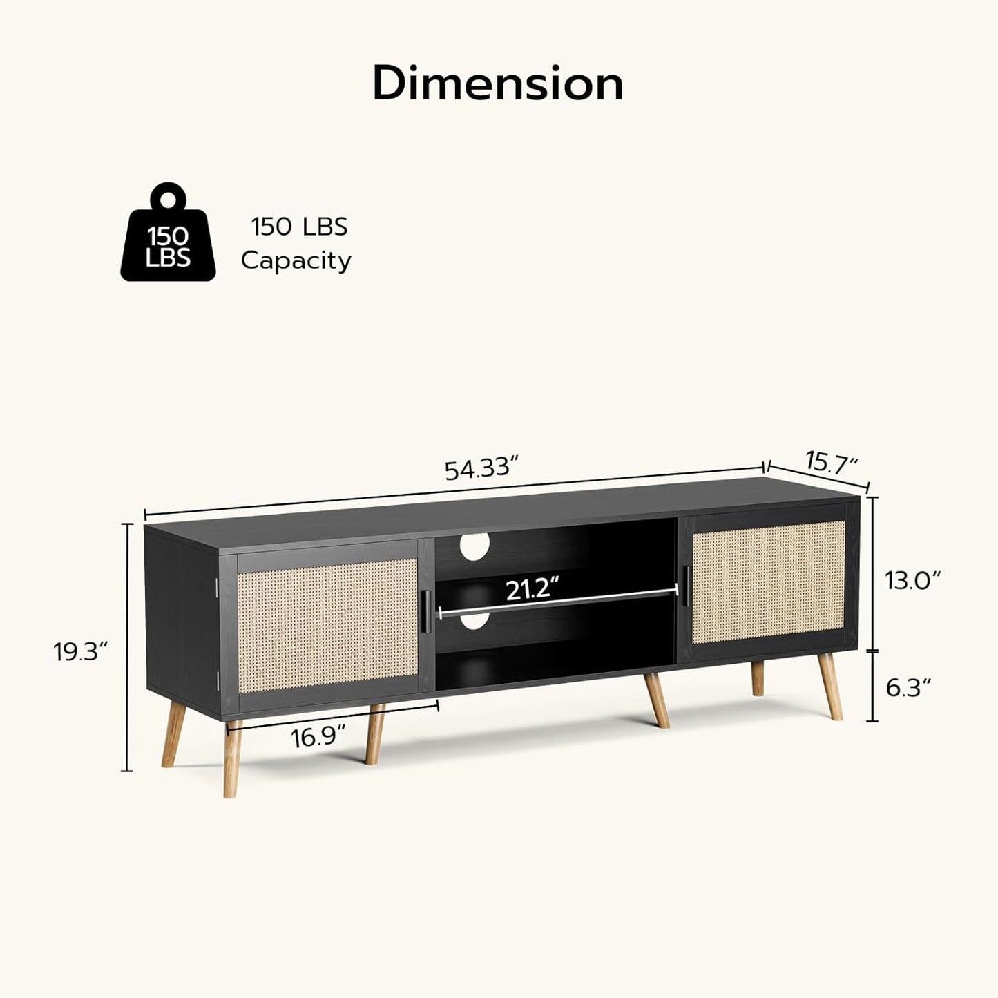 TV Stand for TVs up to 65'', Entertainment Center with Rattan Door, Shelves & 2 Cabinets, Boho