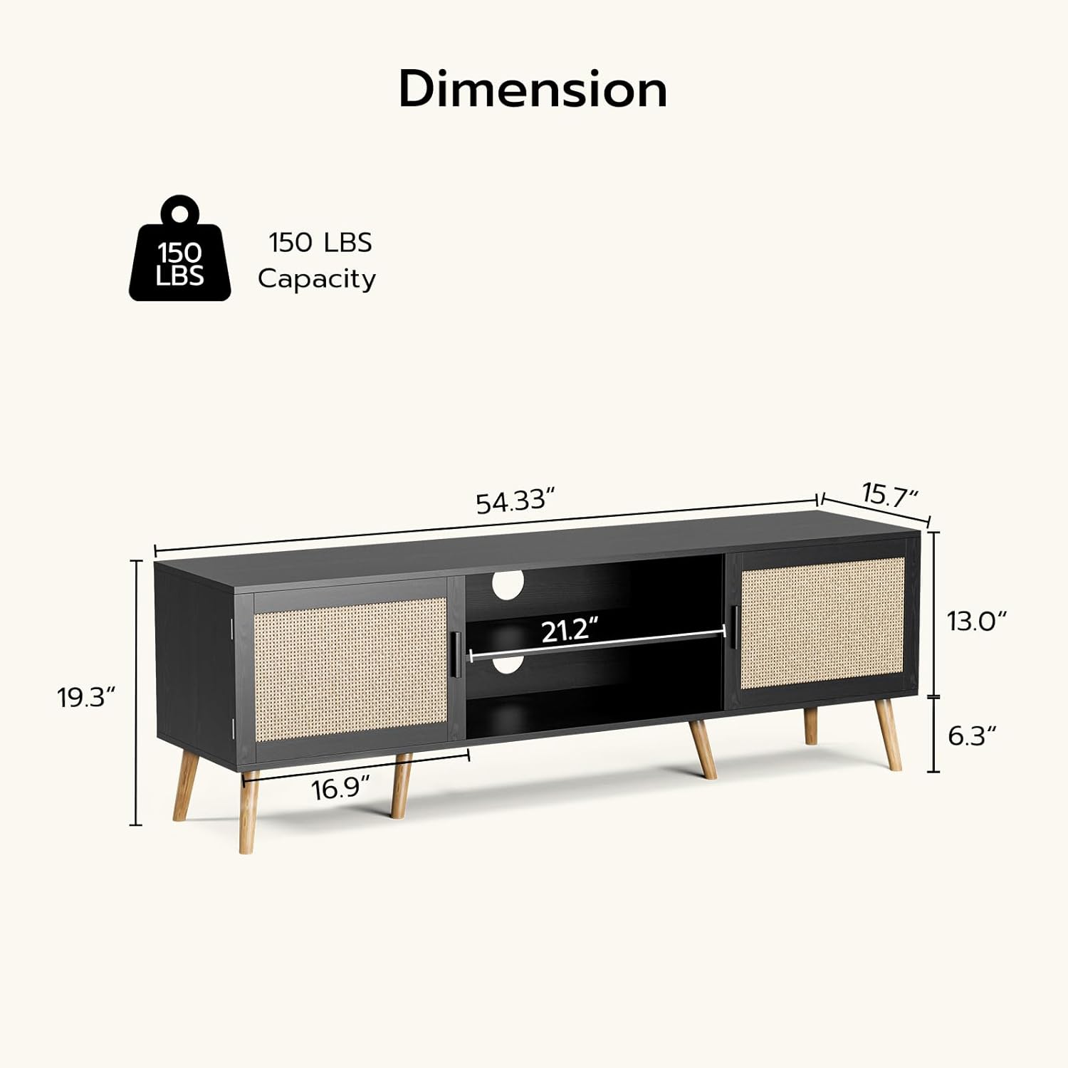 TV Stand for TVs up to 65'', Entertainment Center with Rattan Door, Shelves & 2 Cabinets, Boho