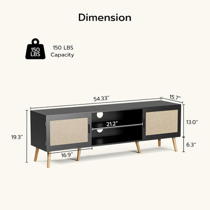 TV Stand for TVs up to 65'', Entertainment Center with Rattan Door, Shelves & 2 Cabinets, Boho