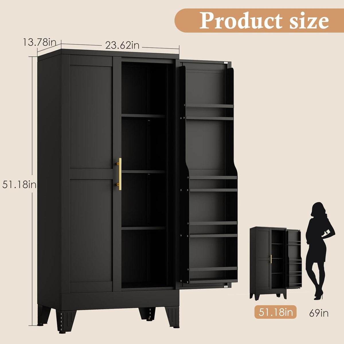 51" H Metal Kitchen Pantry Storage Cabinet, Freestanding Cupboard Storage Cabinet with Doors and