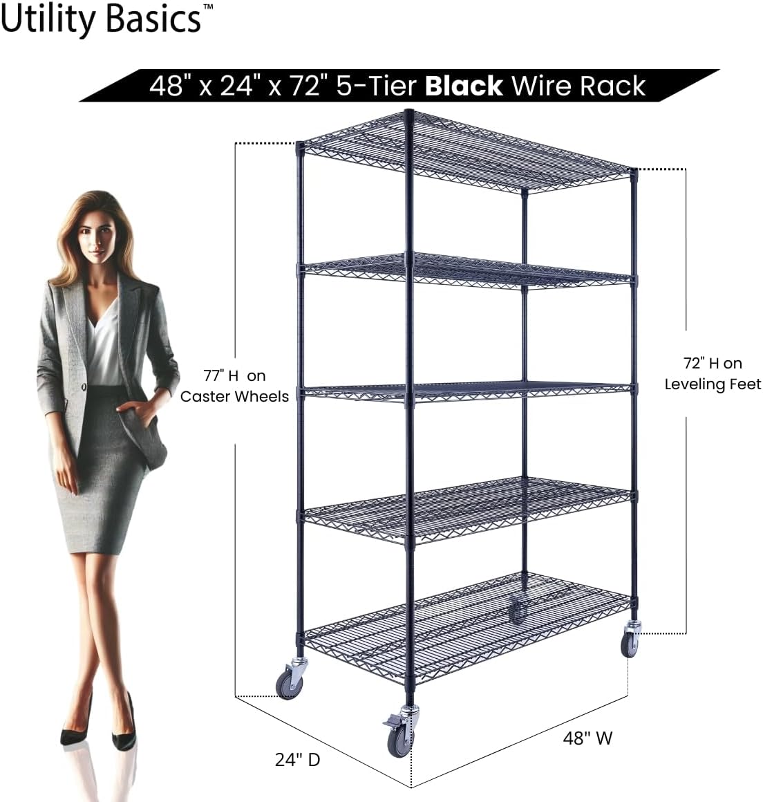 48"x24"x72" Black 5-Tier Premium Wire Shelving NSF 4000 LBS MAX Capacity Heavy Duty Steel Storage