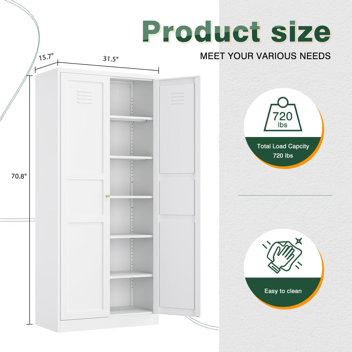 Letaya White Storage Cabinet with Adjustable Shelves-Metal Home Kitchen Pantry Cabinets with