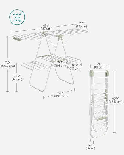 SONGMICS Clothes Drying Rack, Foldable 2-Level Laundry Drying Rack, Free-Standing Laundry Airer