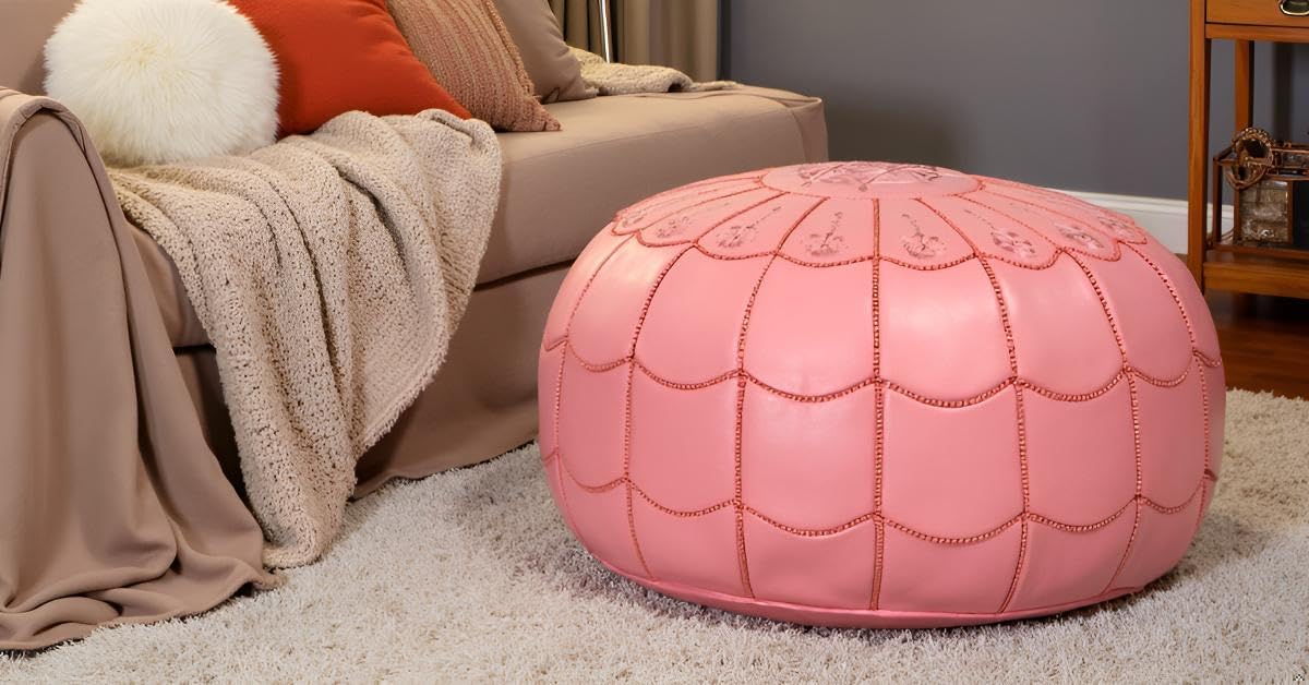 Stuffed Arch Design Moroccan Leather Pouf Ottoman, Handmade, Pre-Filled, 100% Genuine Leather, 14”