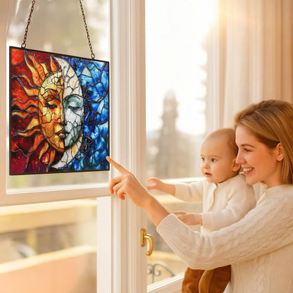 Rectangle Sun and Moon Suncatchers for Windows, Stained Glass Window Hangings,Hand-Painted Glass