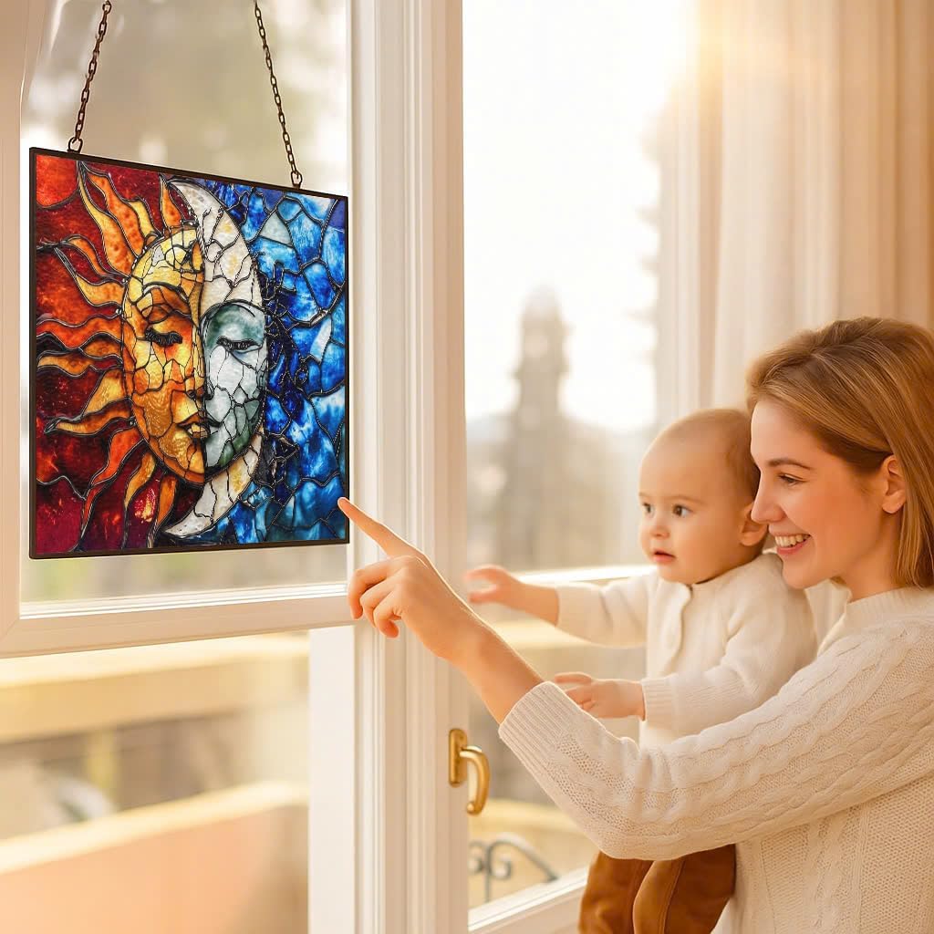 Rectangle Sun and Moon Stained Glass Suncatcher Window Hangings, Suncatchers Colorful Glass Panel