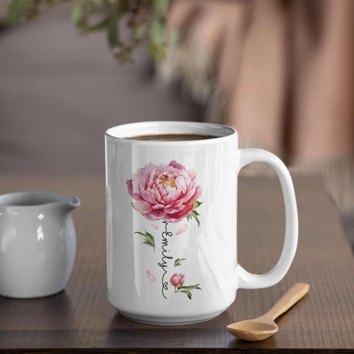 Flower Design Mug With Custom Name, Unique Peony Flower Ceramic Cup, Customized Flower Lover Coffee