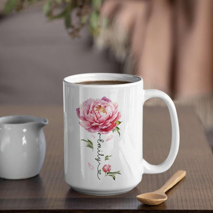 Flower Design Mug With Custom Name, Unique Peony Flower Ceramic Cup, Customized Flower Lover Coffee