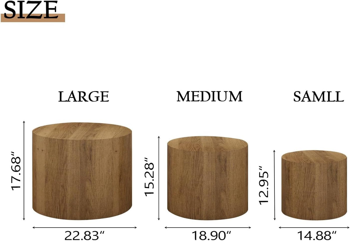 Vikiullf Nesting Coffee Table Set of 3, Round Wooden Coffee Tables, Modern Circle Table for Living