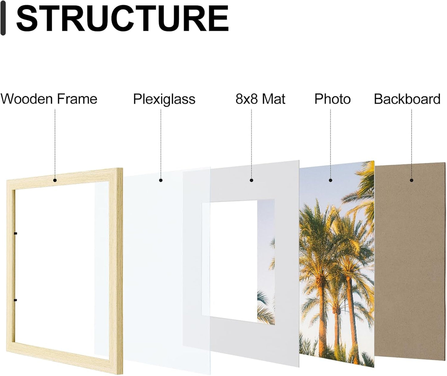 Vittanly 12x12 Picture Frames Set of 9, Shatter Resistant Plexiglass, Display 8x8 Pictures with Mat
