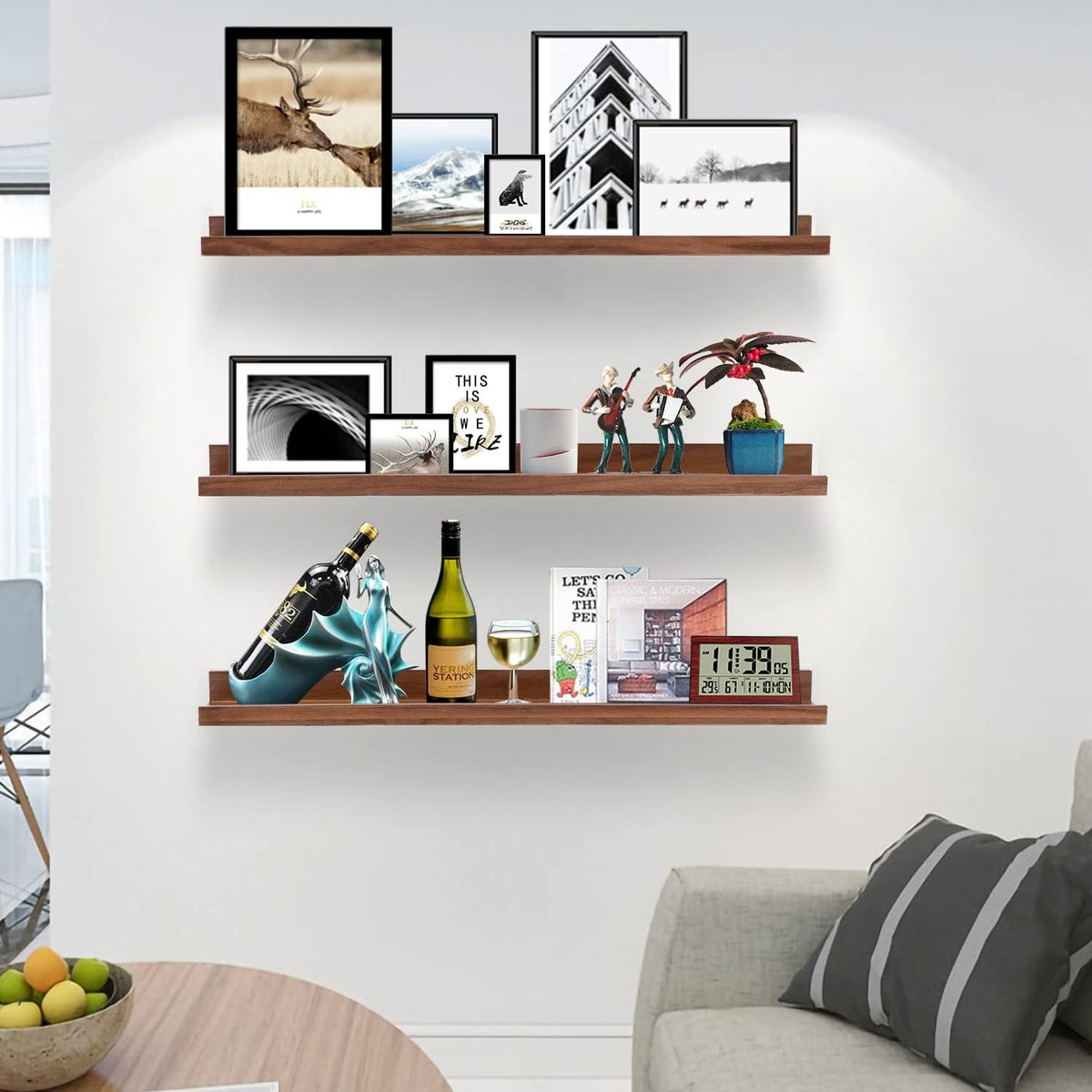 AZSKY Floating Photo Shelves Fair Light Walnut 24 Inch Picture Ledge for Storage Wall Book Shelves