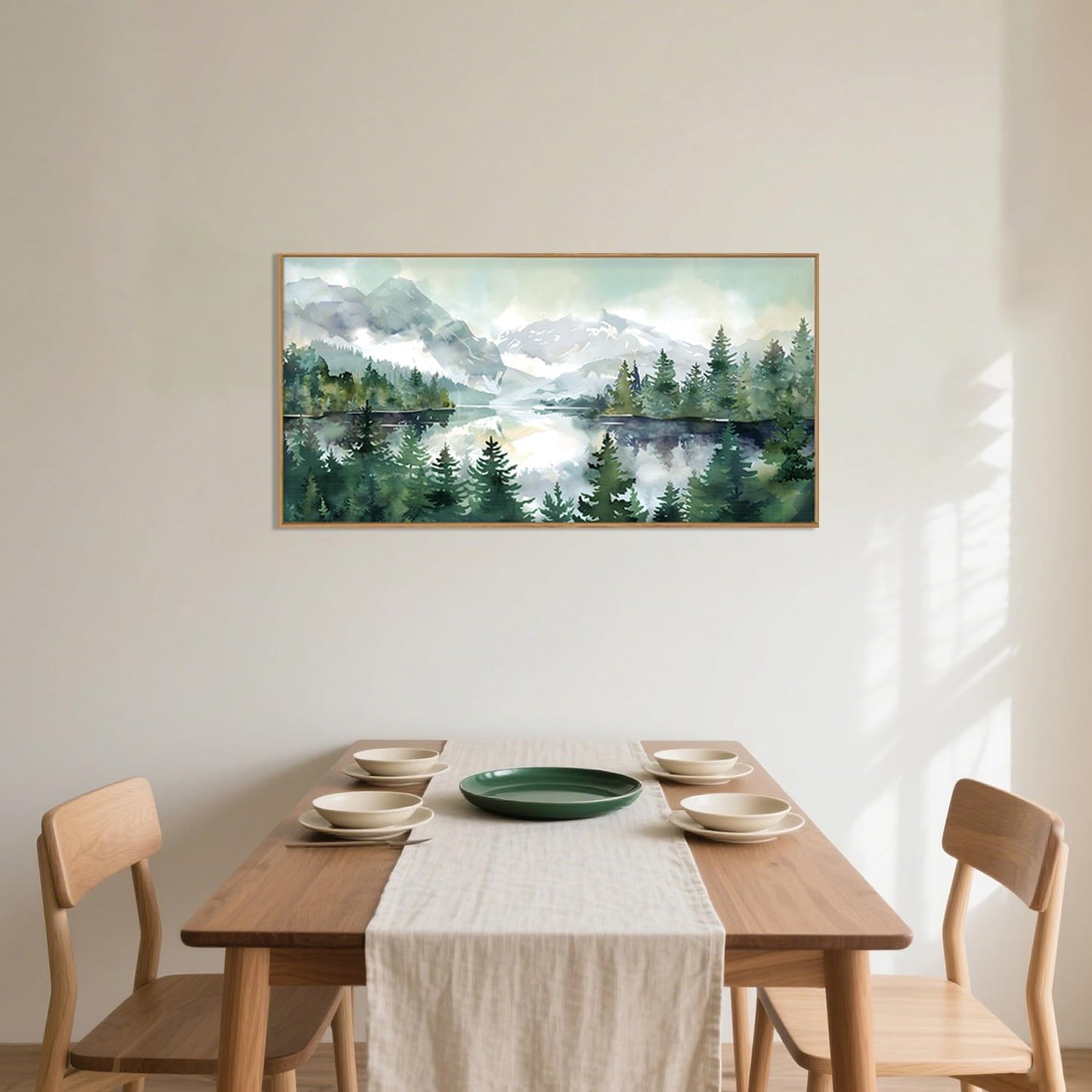 Celestdeco Watercolor Mountain Framed Canvas Wall Art Set, Boho Forest Wall Decor, Nature Green