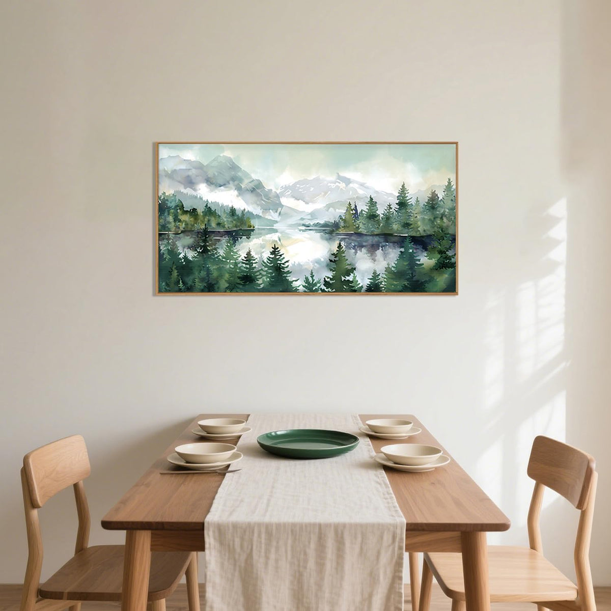 Celestdeco Watercolor Mountain Framed Canvas Wall Art Set, Boho Forest Wall Decor, Nature Green