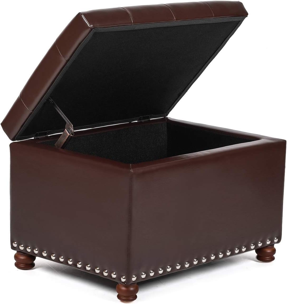 Leather Storage Ottoman Bench Foot Rest Stool with Nailhead Trim (Dark Brown - Button Tufted