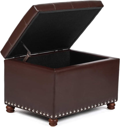 Leather Storage Ottoman Bench Foot Rest Stool with Nailhead Trim (Dark Brown - Button Tufted