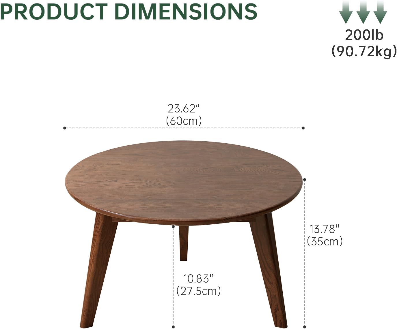 100% Solid Oak Wood Mini Coffee Table, Round Living Room Table Side Table w/Solid Wood Legs, Walnut