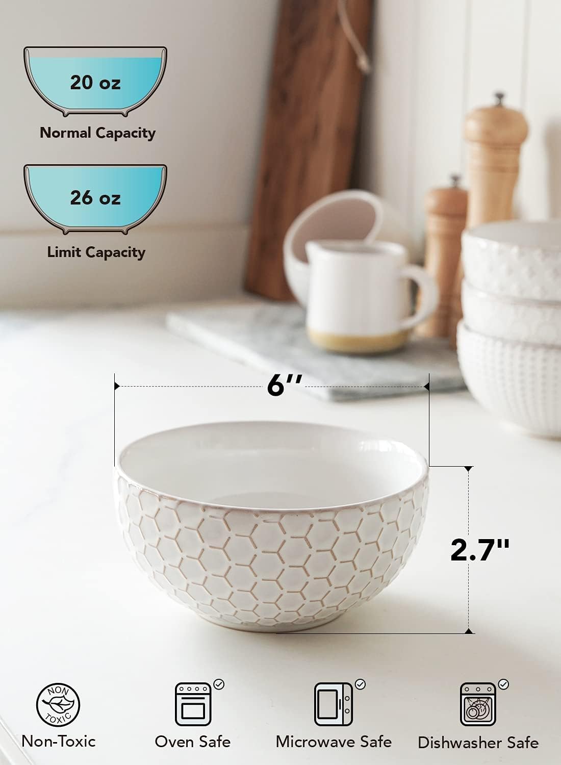 LE TAUCI Cereal bowls 26 oz, Ceramic Soup Bowl for Kitchen, Embossment Stoneware Bowl for Pho