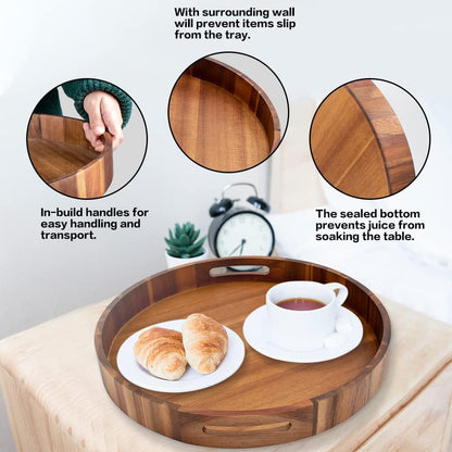 Round Wood Serving Trays Set of 2, Ottoman Tray Rustic Acacia Wooden Trays with Handles, Nesting