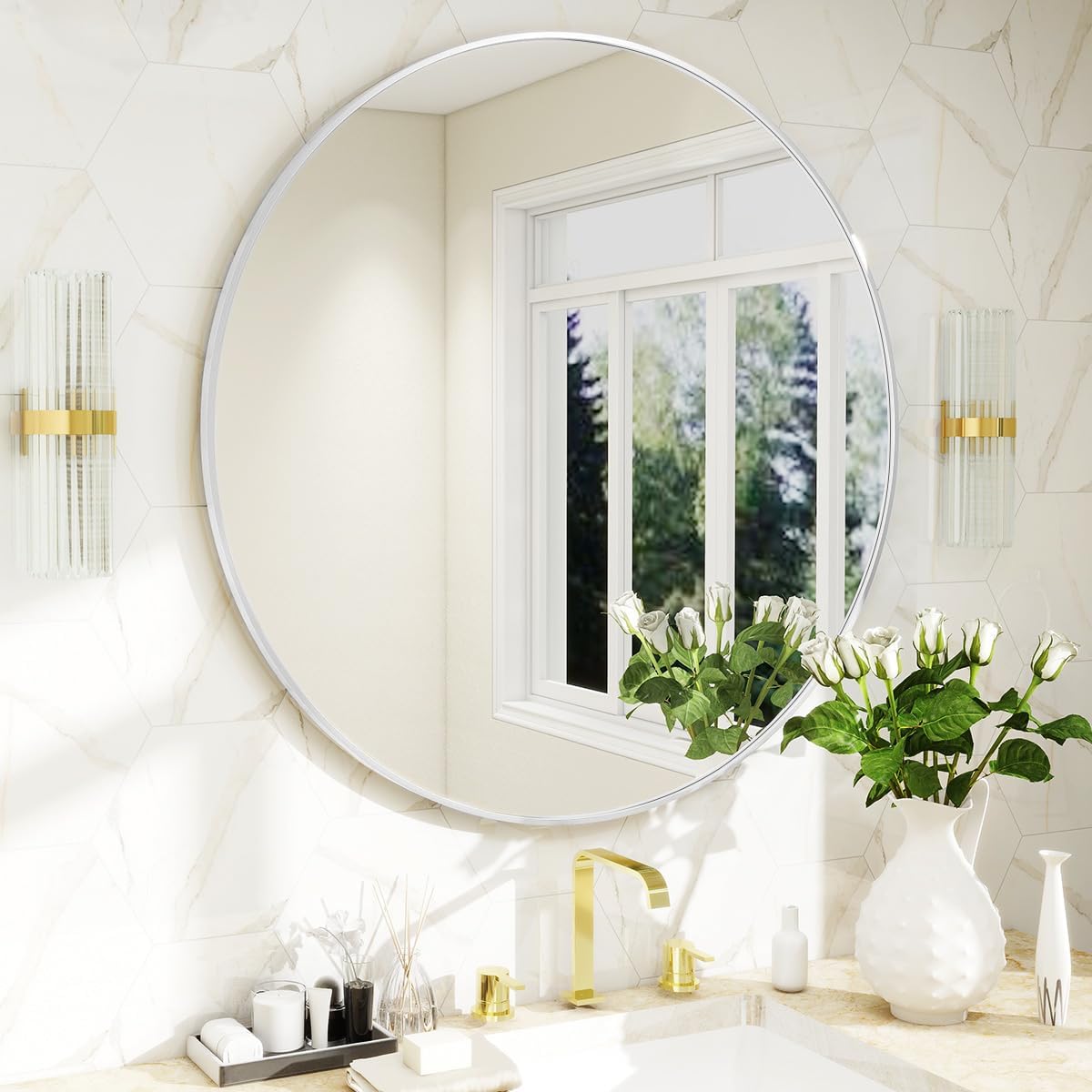 BEAUTYPEAK 20 Inch Round Mirror, Metal Frame Circle Mirror, Wall Mounted for Entryway, Bathroom