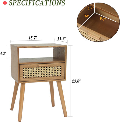 MaxSmeo Mid Century Modern Nightstand with Drawer, Small Nightstand Bedside Table, Rattan