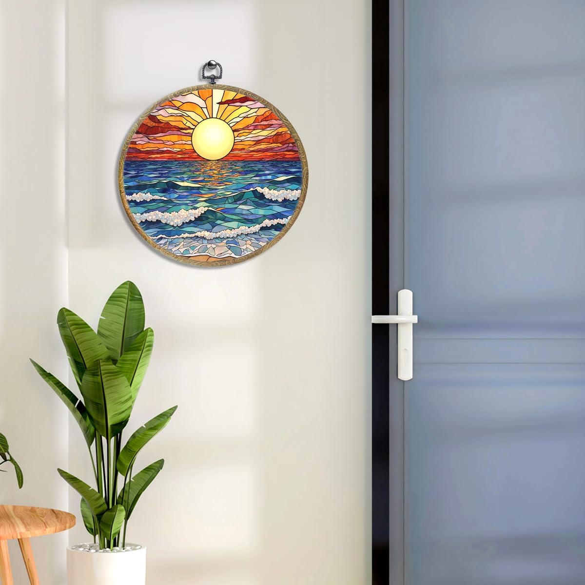 Colorful Boho Waves on The Beach Sunset Gifts for Sunset Lovers Framed Round Wall Decor Canvas Wall