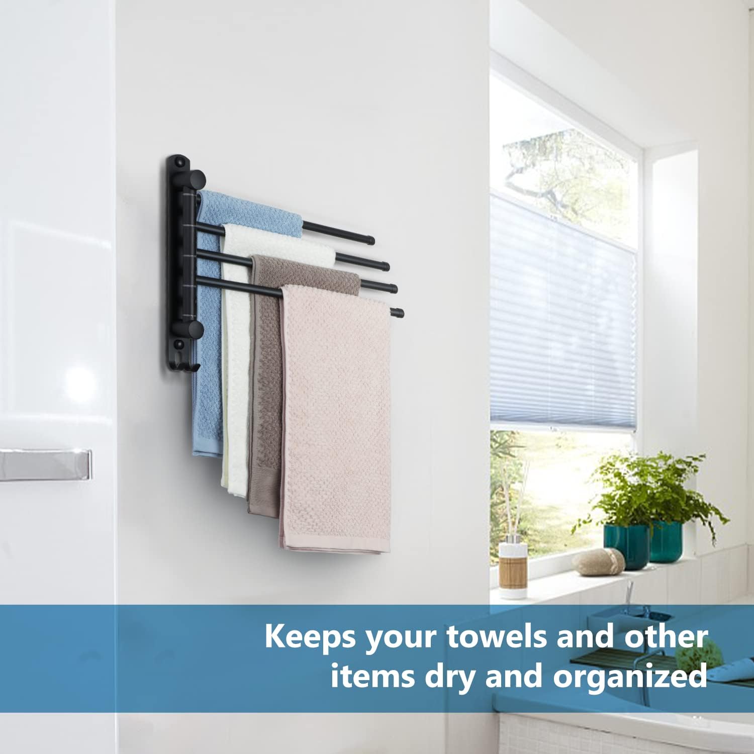 Black Towel Rack JSVER Swivel Towel Rack Wall Mounted, SUS304 Stainless Steel Towel Bar, 4 Arms