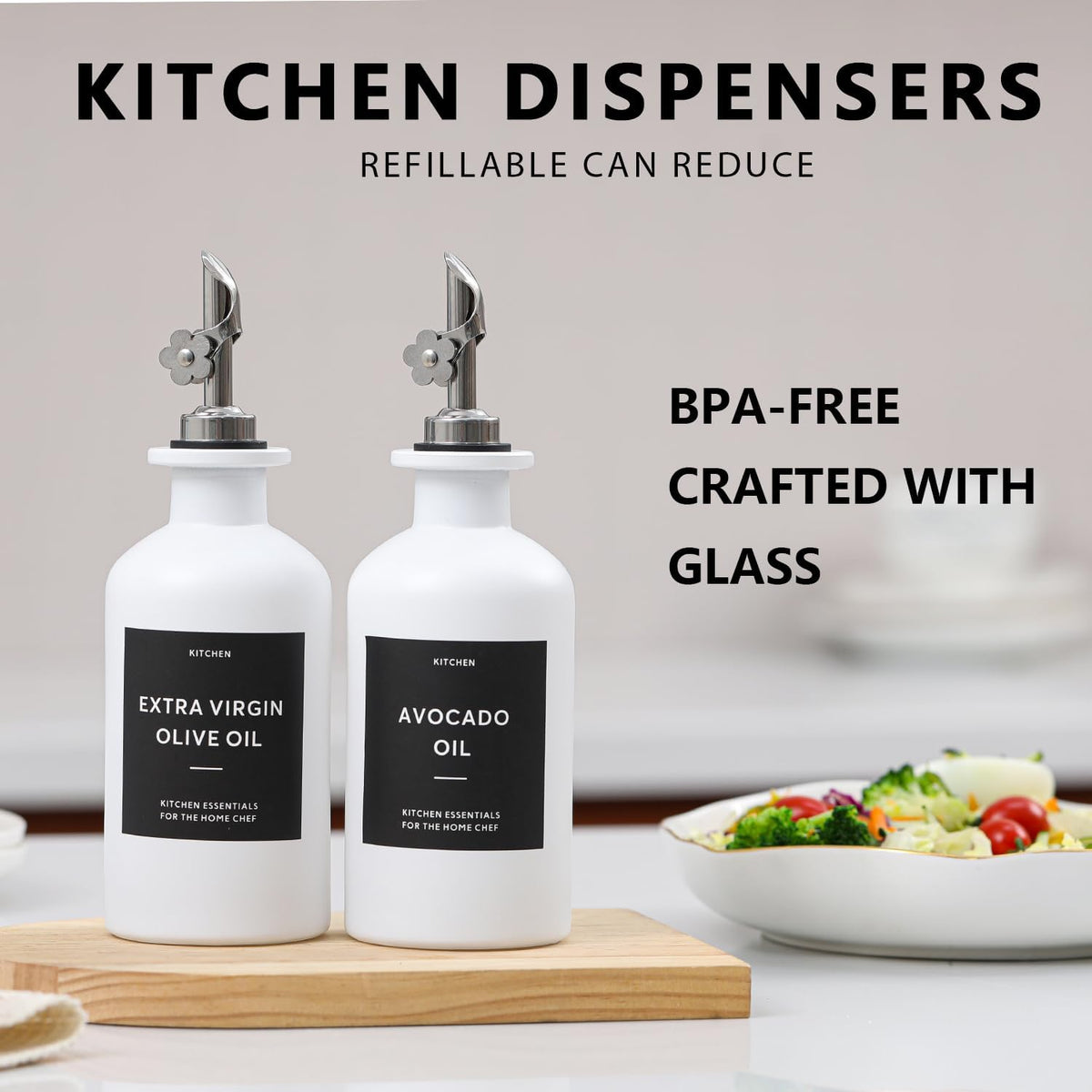 HOMCDALY Olive Oil Dispenser for Kitchen, 11.8oz Glass kitchen Dispenser Bottle, White Oil&Vinegar