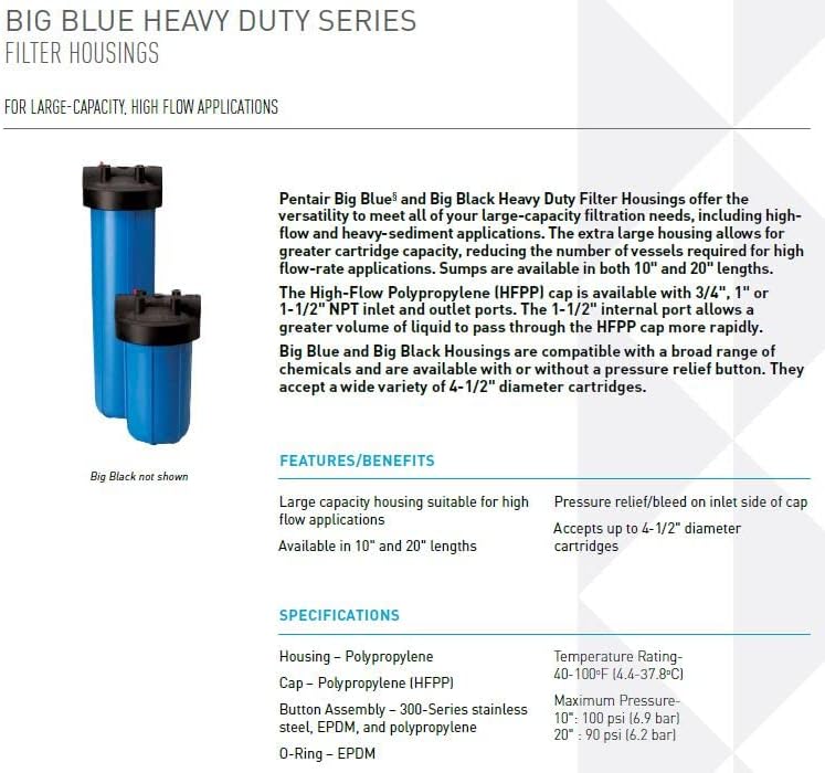 Pentair Pentek 150235 Big Blue Filter Housing, 1 1/2" NPT #20 Whole House Heavy Duty Water Filter