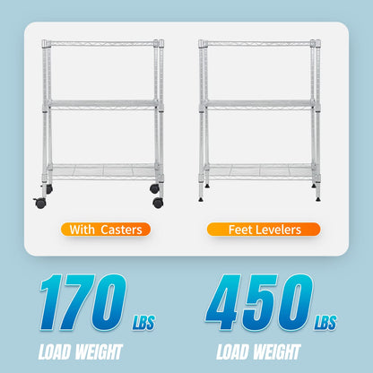 FDW 3 Tier Wire Shelving Metal Storage Shelves 23L x 13W x 32H Layer Storage Shelves with Wheels
