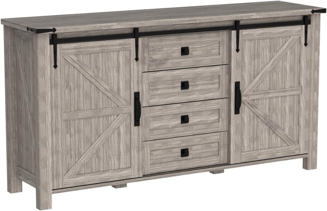 T4TREAM 60'' Farmhouse Dresser Chests for Bedroom w/4 Drawers & Sliding Barn Doors, Tall Chest of