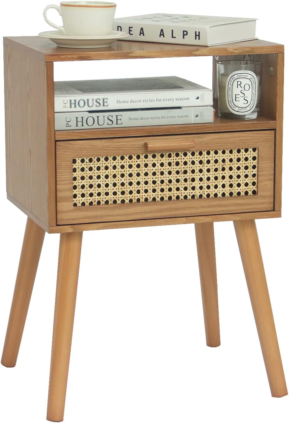 MaxSmeo Mid Century Modern Nightstand with Drawer, Small Nightstand Bedside Table, Rattan